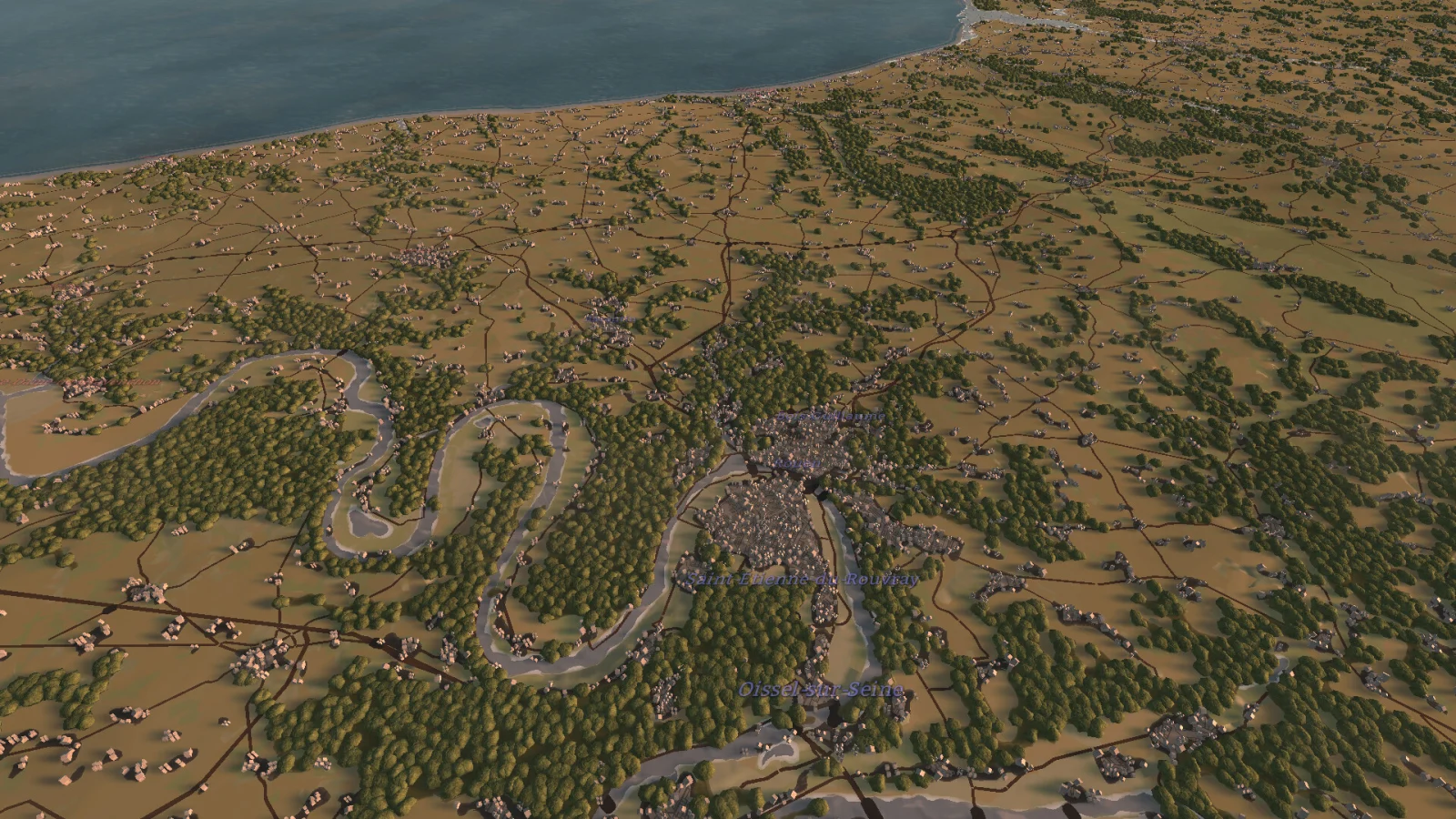 Battleplan coastal terrain showing towns, fields, woodland, and roads across a three-dimensional battlefield.