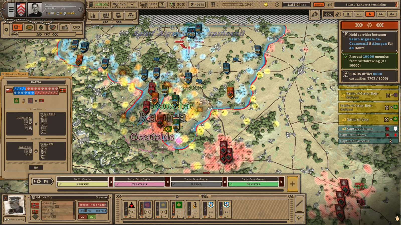 Battleplan operational map with unit counters, roads, colored front lines and planned orders beneath the battlefield.