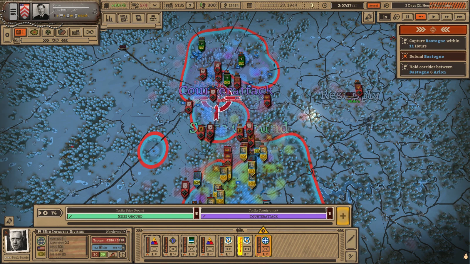 Battleplan winter battlefield with drawn operation areas, opposing unit counters, and formation order bars below the map.