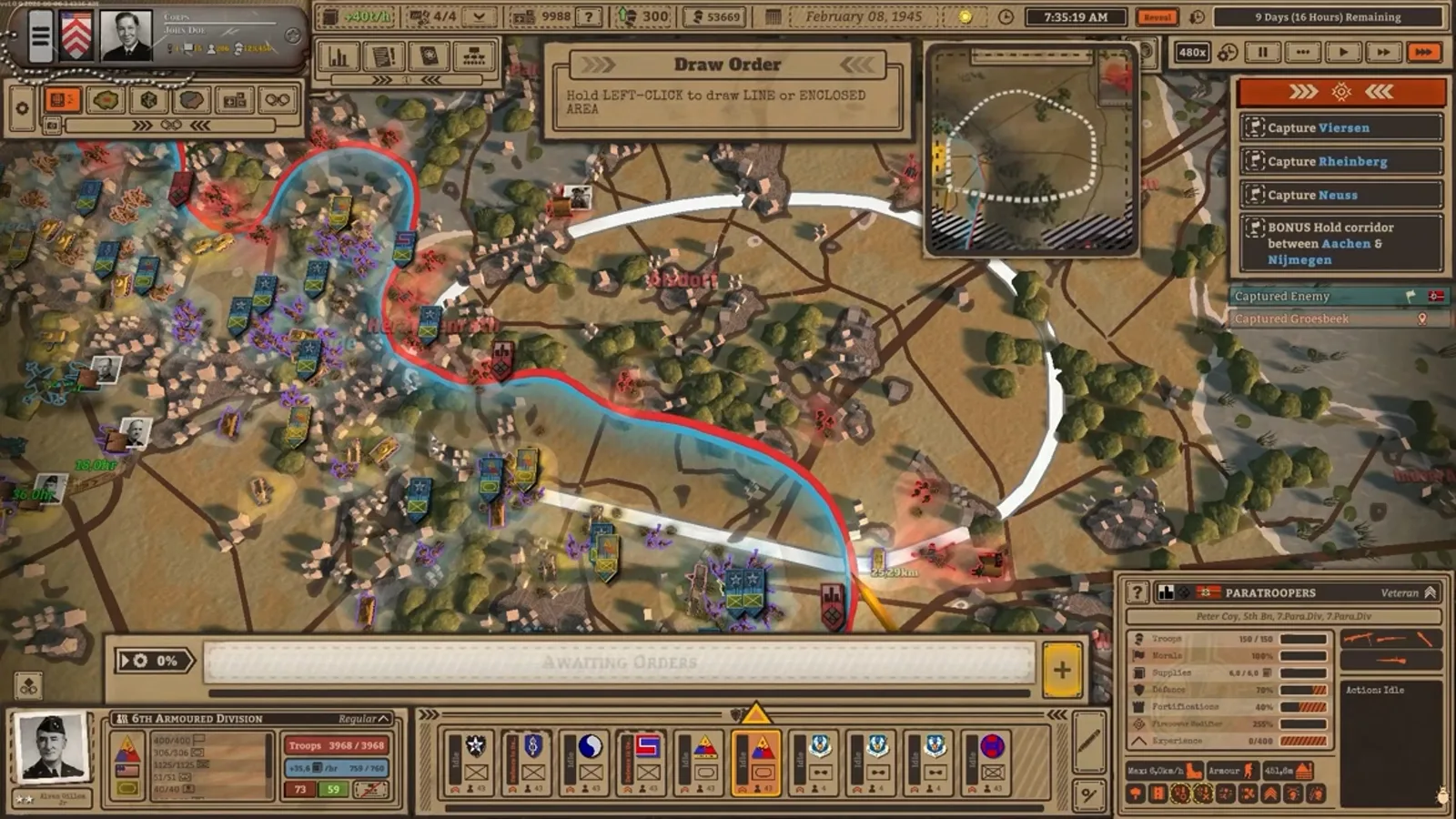 Battleplan Draw Order mode with two white attack arrows crossing roads and fields close to the front line.