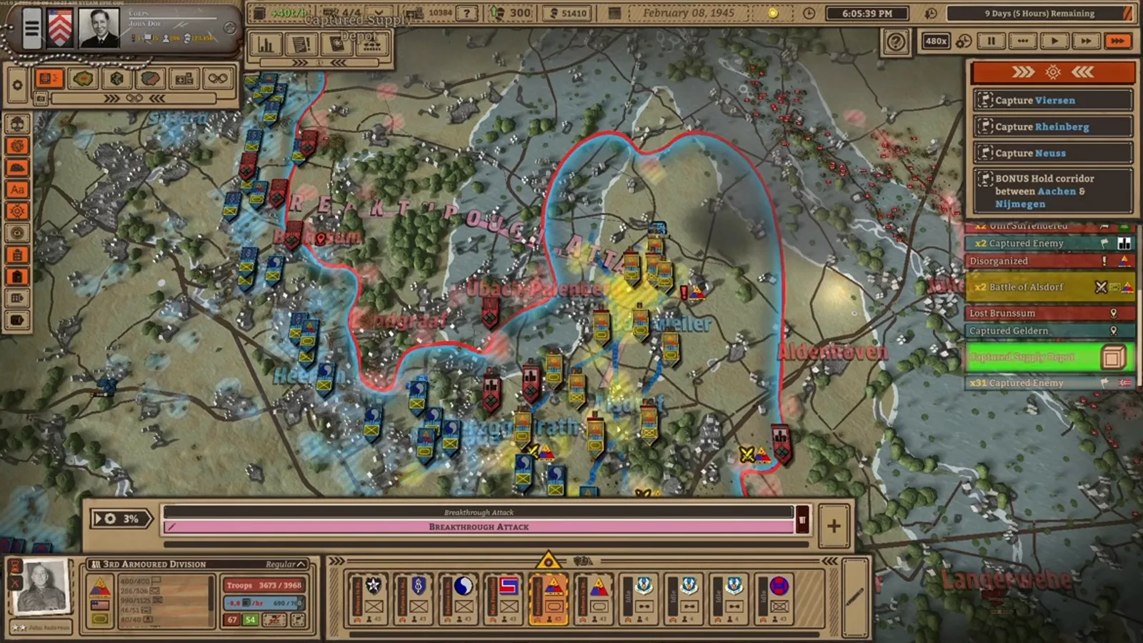 Battleplan multi-stage operation interface with order progress visible as unit counters advance through a drawn area.