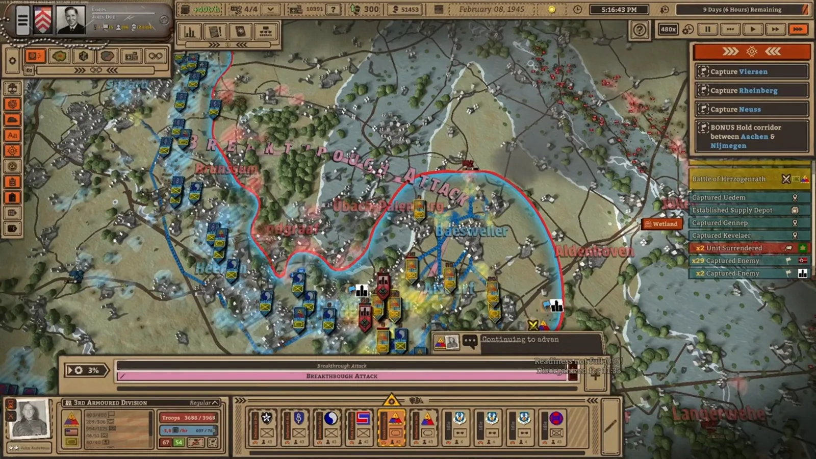 Battleplan operation zone drawn over the map with a Seize Ground order and its progress bar beneath the selected formation.