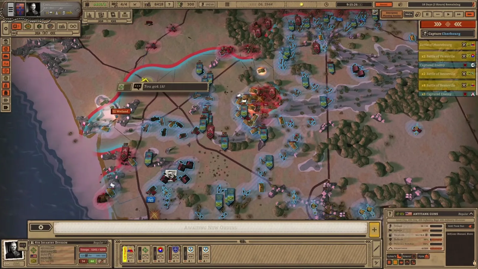 Battleplan map with a selected front-line unit beside a coastal road and a formation status panel across the bottom.