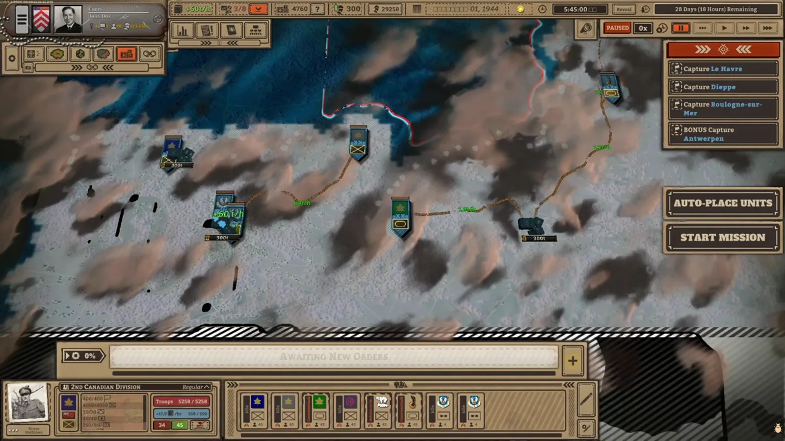 Battleplan preparation screen on a snow-covered battlefield with deployment areas and Auto-Place Units and Start Mission controls.